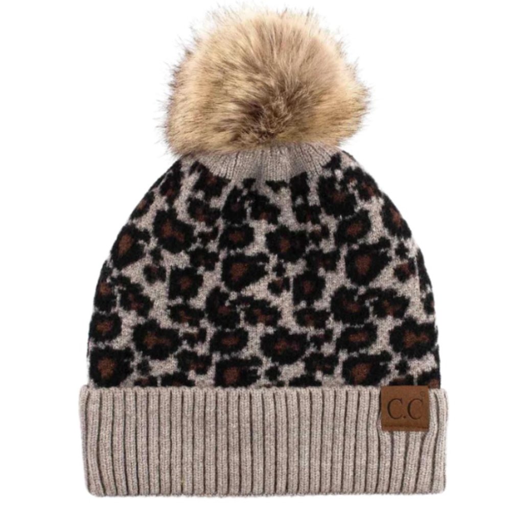 NWT - Leopard Pom Beanie Gray